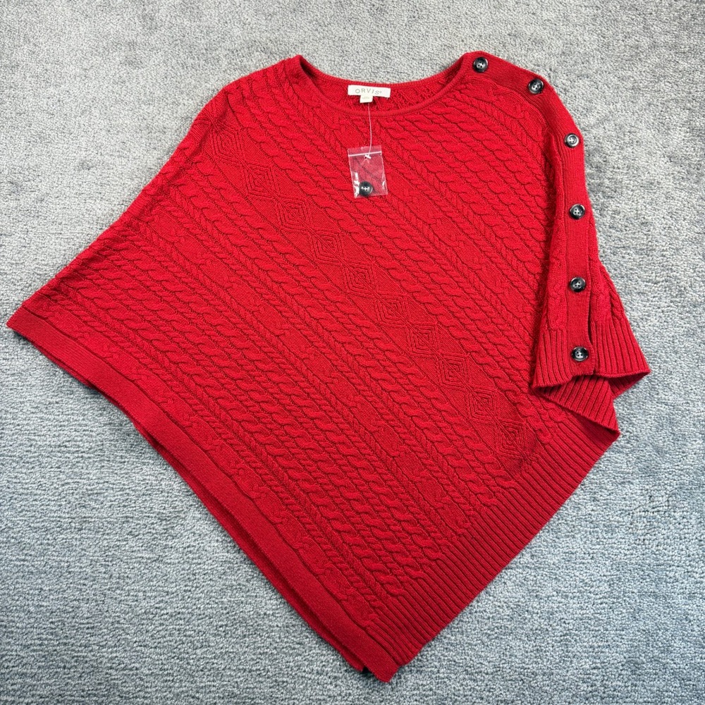 Orvis Red Cable Knit Button Shoulder Poncho Sweater One Size